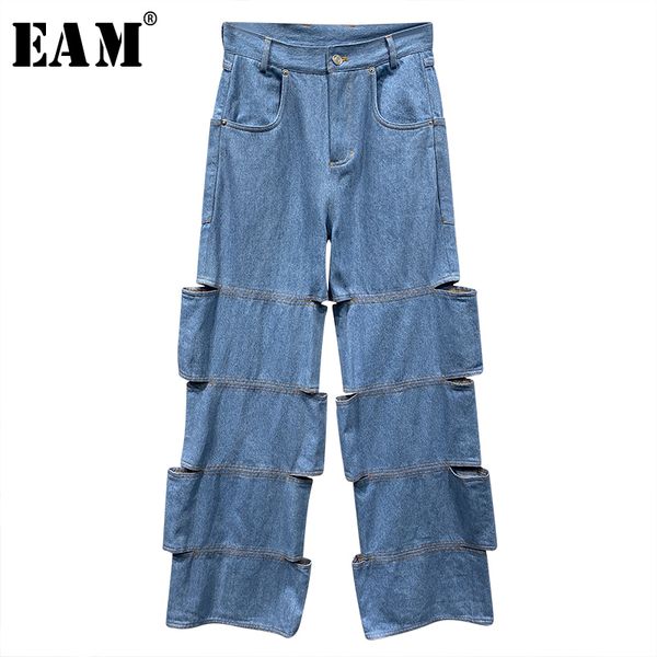 

eam] high waist blue denim irregular long wide leg trousers new loose fit pants women fashion tide spring autumn 2020 1x806, Black;white