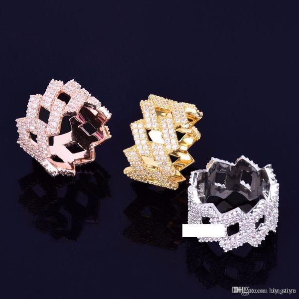 

2019 new miami cuban chain men's ring gold silver iced out full zircon hip hop ring rock jewelry, Golden;silver