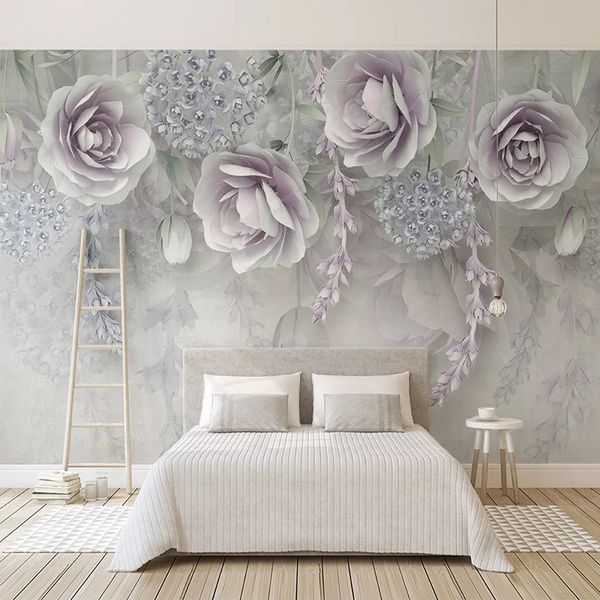 Personalizado Papel de Parede Roxo Floral Floral Estereoscópico Flores Embossed Quarto Sala de Estar TV de TV Papel de parede Moderno