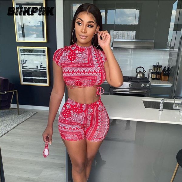 

biikpiik print bohemian drawstring two piece set women's t-shirt and biker shorts beach matching sets casual sporty fitness set, Gray