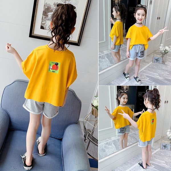 

летняя одежда новый корейский стиль детской одежды среднего и большой детский ребенок девочка сладкая девочка рыхлый короткий рукав костюм м