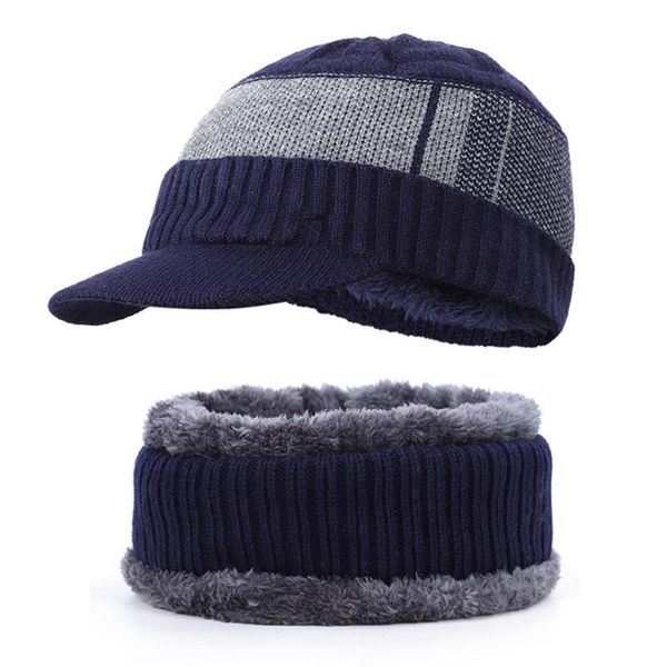 

men winter warm hat knit visor fleece lined cap soft breathable with scarf loops set als88, Black