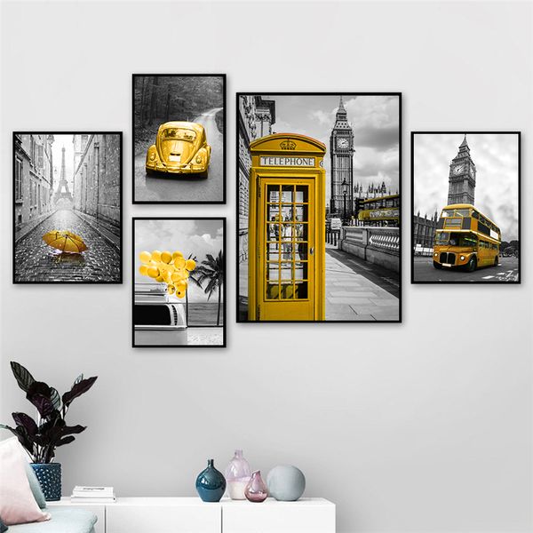 

gold bustelephone booth black white paris london posters and prints wall art pictures for living room home decor (no frame