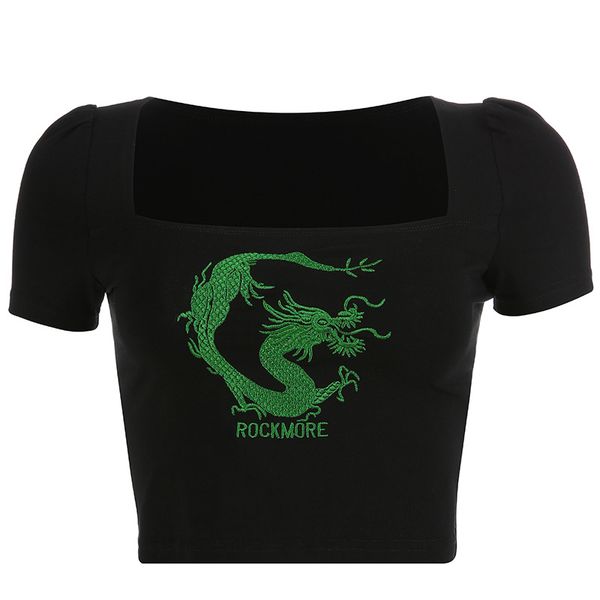

summer embroidery dragon square collar short sleeve t-shirt crop women, White