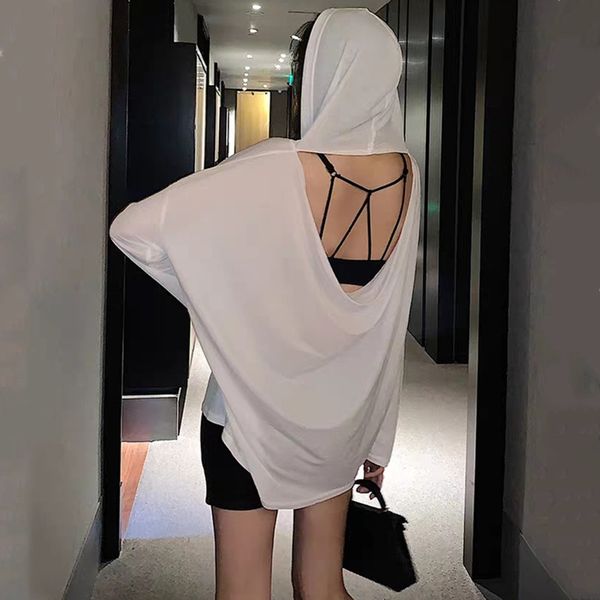 

women's long-sleeved anti-wear shirt with cap and leakage back ice silk long sleeve 2020 coat t-shirt summer t-shirt, White
