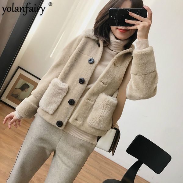 

short real fur coat women autumn winter jacket 100% wool fur jacket korean shearing coats 2020 veste fourrure femme kj3175, Black