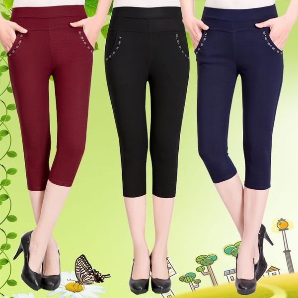

middle aged tights women's summer capri pants mom put elastic high waist l outer leggings middle-aged stretch women's pants, Black