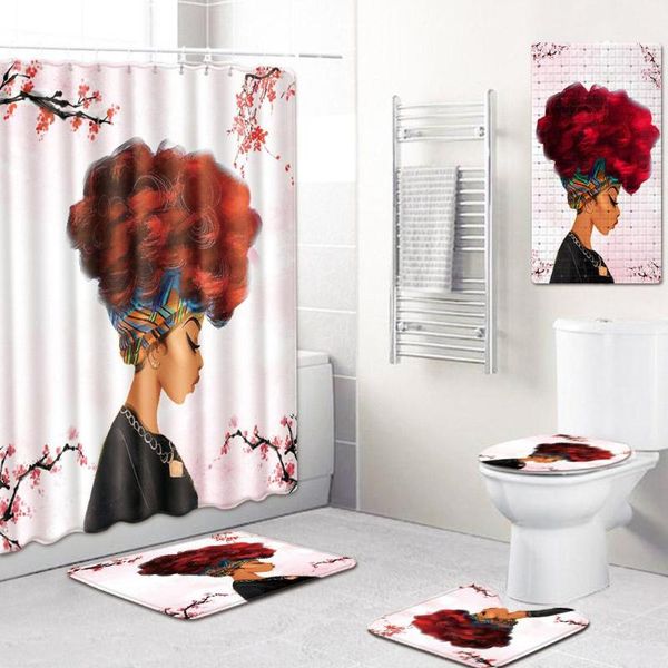 

bathroom mat set african women pattern non-slip carpet toilet seat cover shower set
