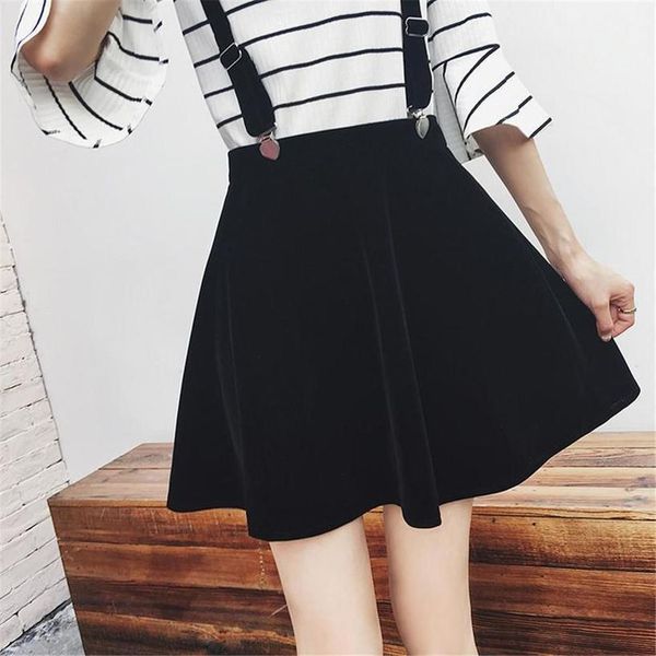 

summer women mini skirt vintage harajuku velvet punk clip strap skirts womens overalls fashion solid ladies skirt vest jumpsuit, Black