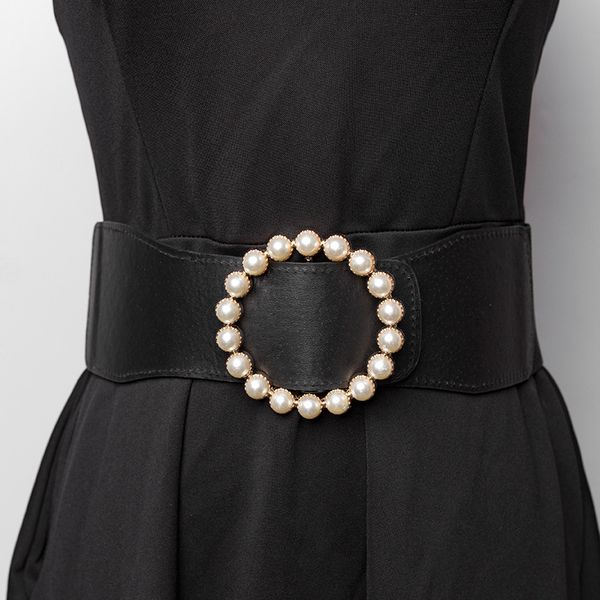 

elastic pearl waistband round buckle belt skirt ornament for decoration elegant women ladies wide black waist belt, Black;brown