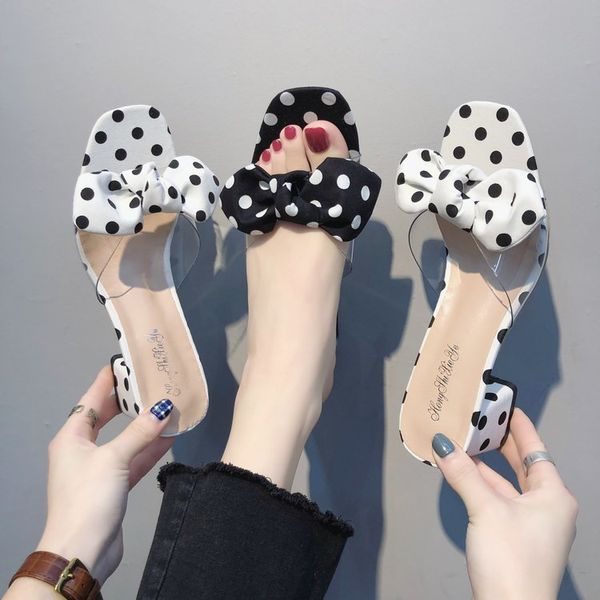 

women's slippers women cute 2020 wear sandals word bow square head high heels, Black