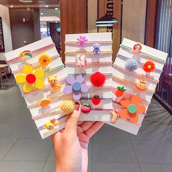 

7pcs/set new girls cute colorful cartoon elastic hair rubber bands kids ponytail holder sweet headband fashion hair accessories, Slivery;white