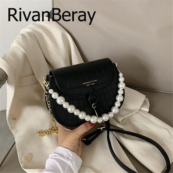 

pearl beading handle saddle bag ladies 2020 pu leather stone pattern crossbody bag for women designer chain shoulder female