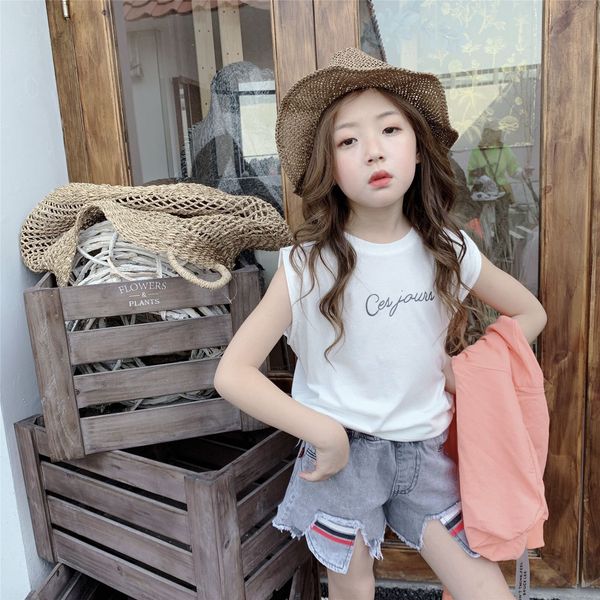 

alkka 2020 summer clothing korean style letter printed sleeveless t-shirt medium and large foreign children's t-shirt children's c, Blue