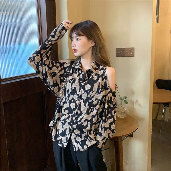 

summer new long sleeve off shoulder woman blouse single breasted chiffon leopard pattern bluas shirt thin blouse with pocket, White