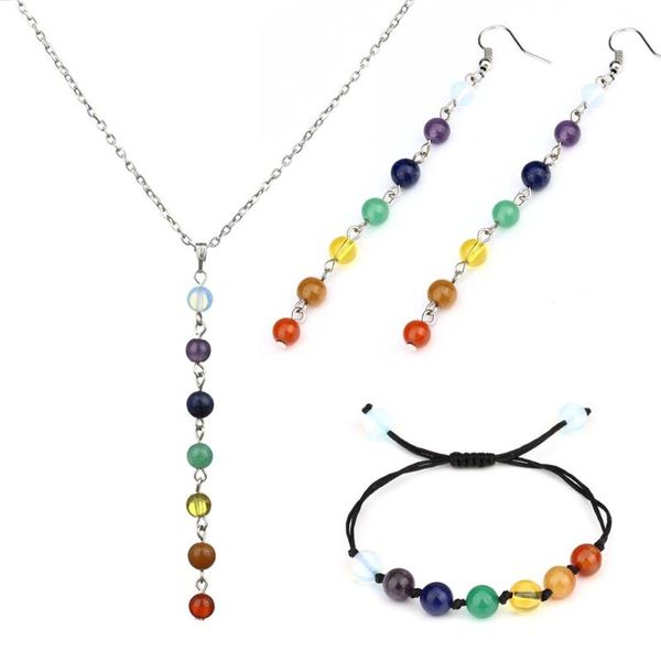 

louleur 7 rainbow reiki chakra pendants necklace sets opal round beads natural stone necklaces collier femme women jewelry, Silver