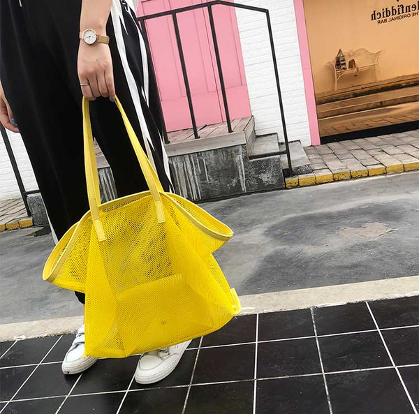 

2 sets big yellow 2020 women beach bags fishing net handbags ladies shoulder bags large casual tote clutch shopping swimming bag