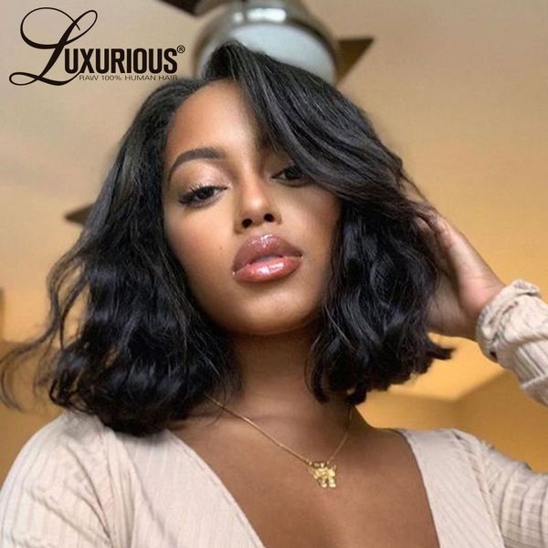 

density 13x6 bob lace front wigs for women short brazilian brown wavy lace front human hair wigs #1 #2 #4 body wave wig, Black