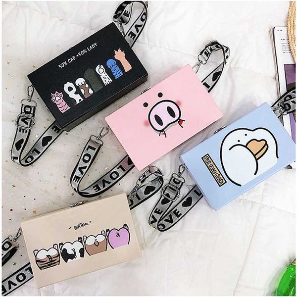 

new women shoulder bags print cute cartoon pu leather handbags mini messenger box bag party purses clutch chain small flap bag