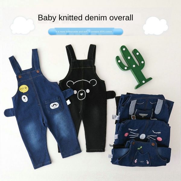

njbmh women's pure cotton denim sling cartoon denim clothing sling clothing belt pants children's male baby's western style a, Blue