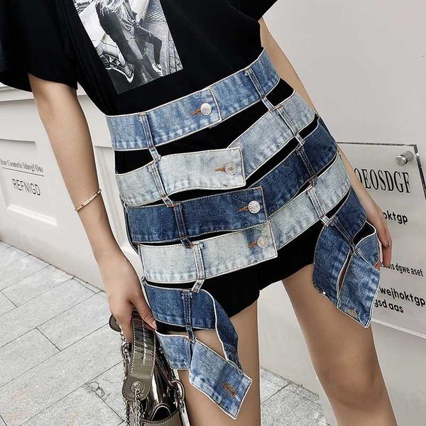 

european summer new cool high waist hollow color matching patchwork hip denim mini skirts female fashion streetwear 2020, Black