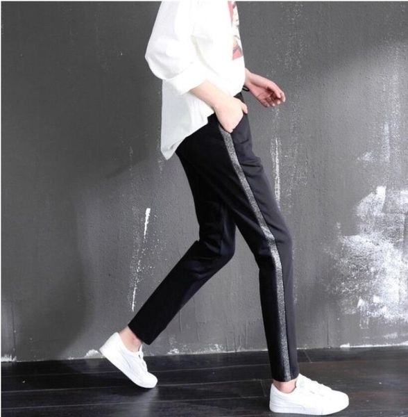 

2020 новых женщин spring mid талия шаровары stripes printed длинных jogger брюки тонкая кулиская эластичные карманы, Black;white