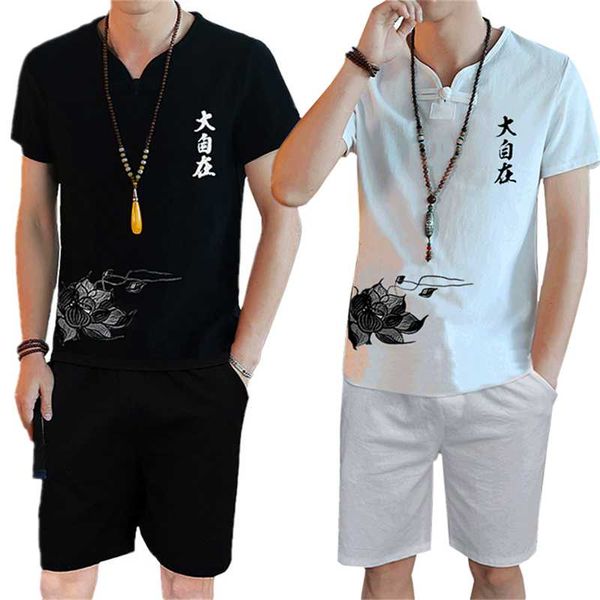 

chinese style mens two-piece set large size s-5xl fashion men embroidered short sleeves t shirt and shorts, Gray