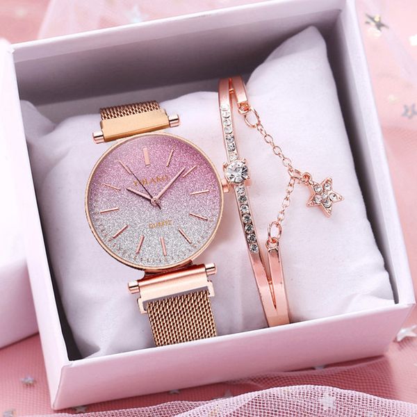 

women magnet buckle gradient watch bracelet set luxury ladies stainless steel quartz wristwatches gift clock zegarek damski, Slivery;brown