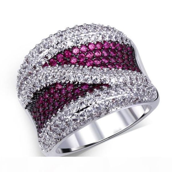 

wide band bridal rings women cocktail rings fuchsia blue colors contrast simulated cz, Slivery;golden