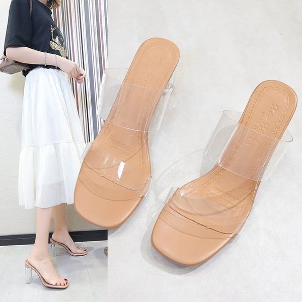

large size women's outer wear thick summer 2020 high heel transparent flip-flops crystal flip-flops and sandals heel sandals