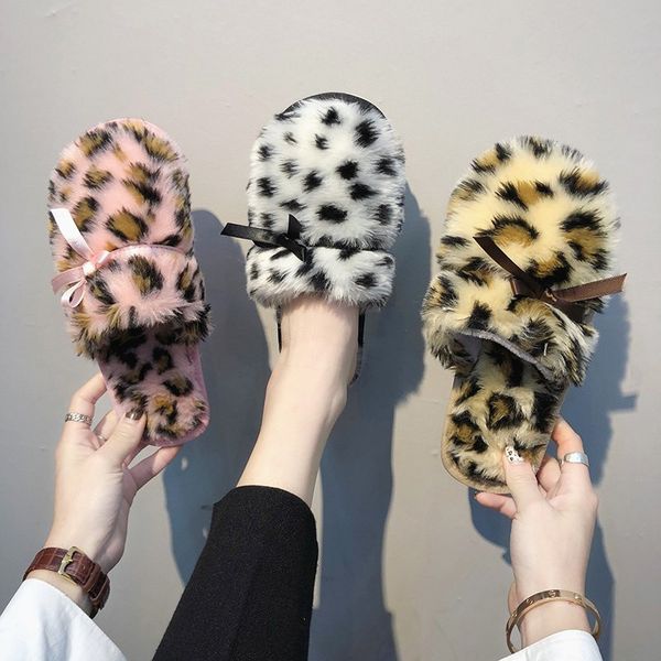 

cootelili woman slippers winter shoes for women new fashion faux fur leopard print women shoes bow decoration plus size 40 41, Black