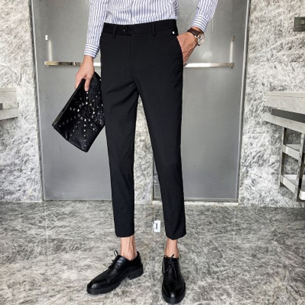 

2020 spring and summer new cotton men's nine-point pants slim korean casual pants were thin and no iron tapered, Black