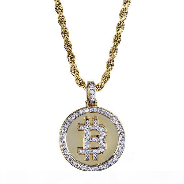 

selling hiphop gold plated bitcoin pendant necklace paved micro cubic zirconia necklaces with rope chian bling rapper jewelry, Silver