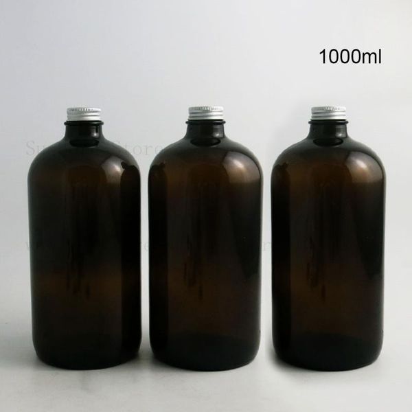 

1000ml large empty refillable 33oz dark amber boston round glass liquid bottle with aluminium caps