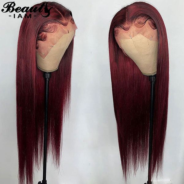 

j; u k 99j burgundy lace front wig peruvian wig straight hair red wig human hair, Black