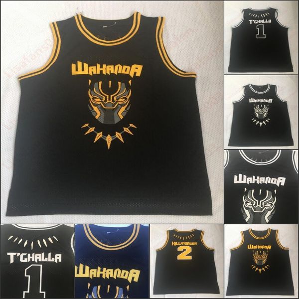 

Mens Panther Wakanda Movie Jersey #1 T'Challa #2 Killmonger 100% Stitched Movie Basketball Black mens Jerseys