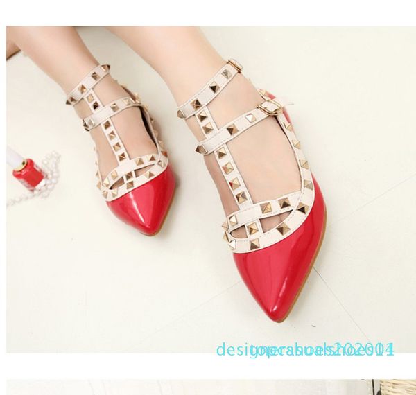 

new rivet pointed toe women color block patent leather gladiator flats stud women ballet flat shoes brand flats t14, Black