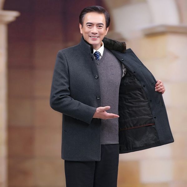 

middle-aged men's en coat wool wool casual stand collar woolen coat thickened business-style dad's clothes, Black