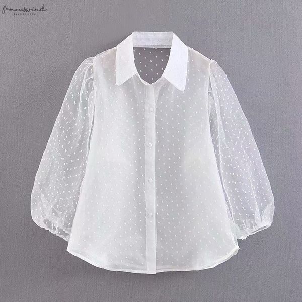 

dots embroidery women elegant organza blouse 2020 lantren sleeve black see through chic lapel neck casual turn down collar shirt, White