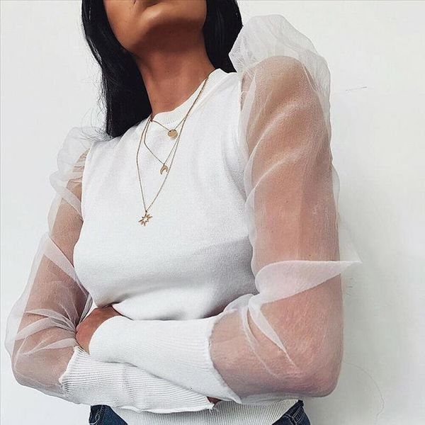 

women mesh net blouse sheer puff long sleeve ladies shirt black turtle neck pullover womens clothing female blouse, White