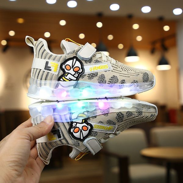 

2020 новые мягкие спортивные мигания детские летающие тканый мальчиков и девочек спортивная обувь крючок и петля ребенка мягкой подошве обув, Black