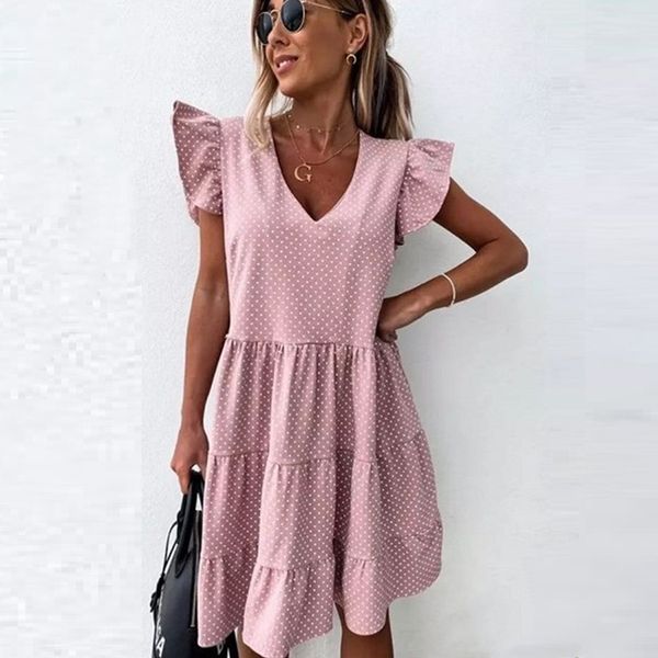 

polka dot dress women 2020 summer street casual loose thin beach party dress plus size v neck mini dress female vestidos, Black;gray