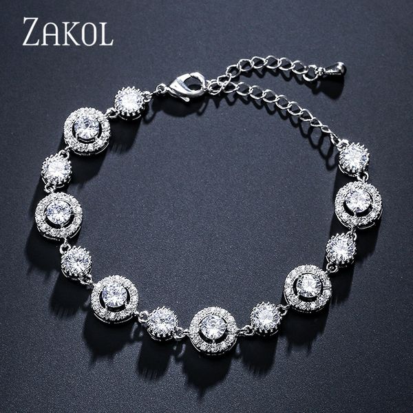 

zakol fashion 3 colors elegant round shape cubic zirconia tennis bracelet bangles for women bridal wedding jewelry fsbp2152, Black