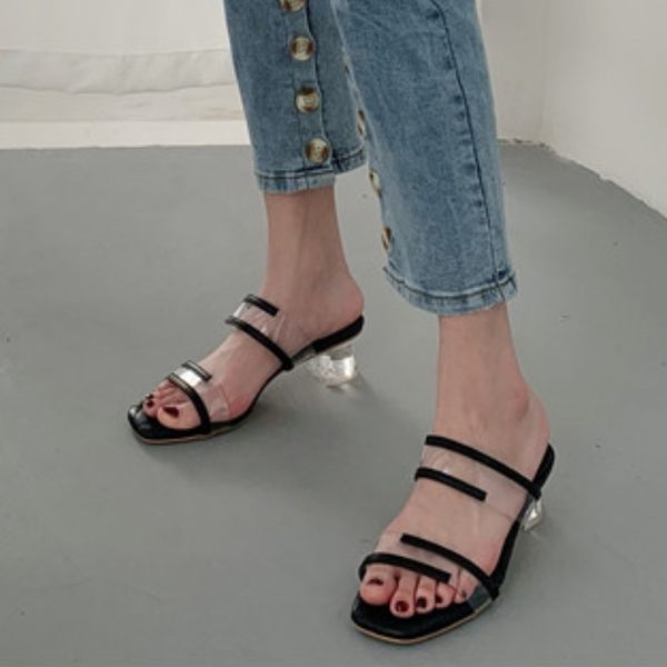 

cross-tied square heel slippers women summer shoes pantofle low slides rubber flip flops fashion block 2020 hawaiian luxury, Black