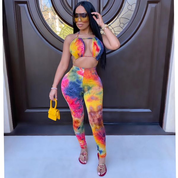 

tie dye бикини для женщин 2pcs бюстгальтер sexy высокой талией тощий брюки женские дизайнерские из двух частей брюки повседневный отдыха пля, White