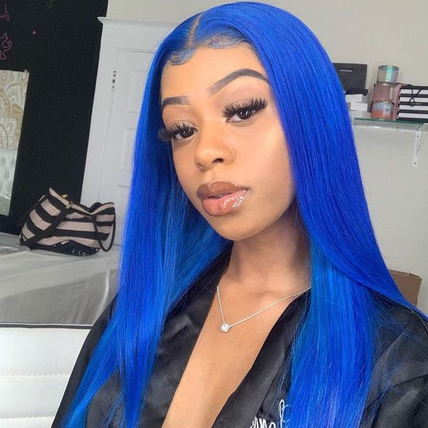 

13x4 blue lace front wig human hair vshow 150% density remy brazilian straight human hair lace front wig colored human hair wigs, Black