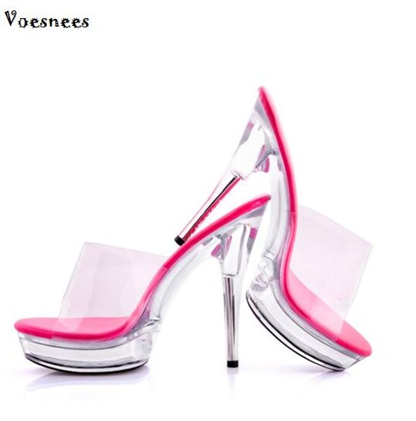 

slides sandals shoes woman high heels 13-15cm transparent crystal wedding shoes thin heels platforms slip-on ladies, Black