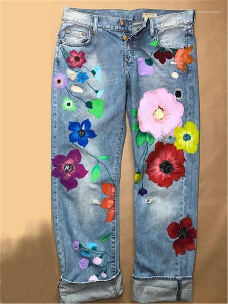 

clothes flowers women jeans plus size colorful straight slim ladies jeans casual denim streetwear fashion female, Blue