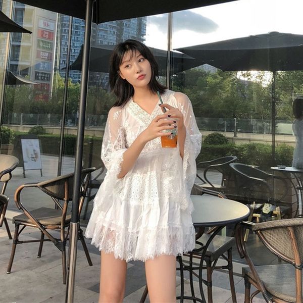 

summer new holiday fairy women's lace women's dress slimming lace stitching hollow-out long sleeve dress for women xw001, Black;gray