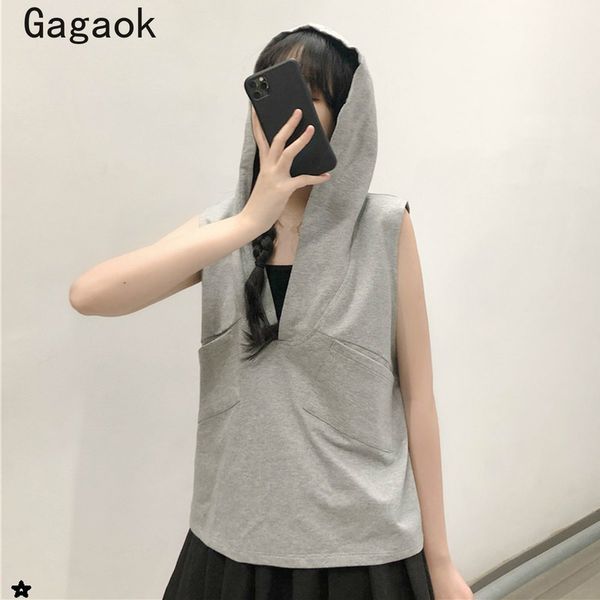 

gagaok streetwear fashion ladies vest 2020 summer new solid pocket hooded vests loose casual harajuku wild women korean pullover, Black;white